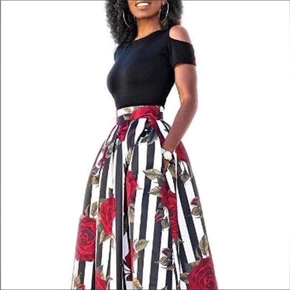 WOMEN’S 2 pcCold Shoulder Top Rose Print Maxi Skirt Pockets Medium - Picture 4 of 13